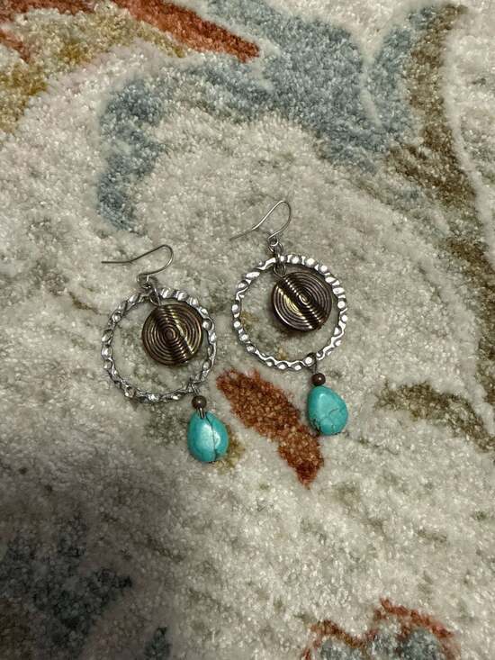 Handmade Mixed Metal Hoop Dangle Earrings with Turquoise Teardrops and Copper Sp - Picture 2 of 5